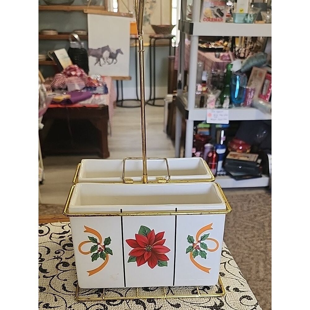 Vintage Poinsettia Ceramic Utensil Caddy with Gold Trim